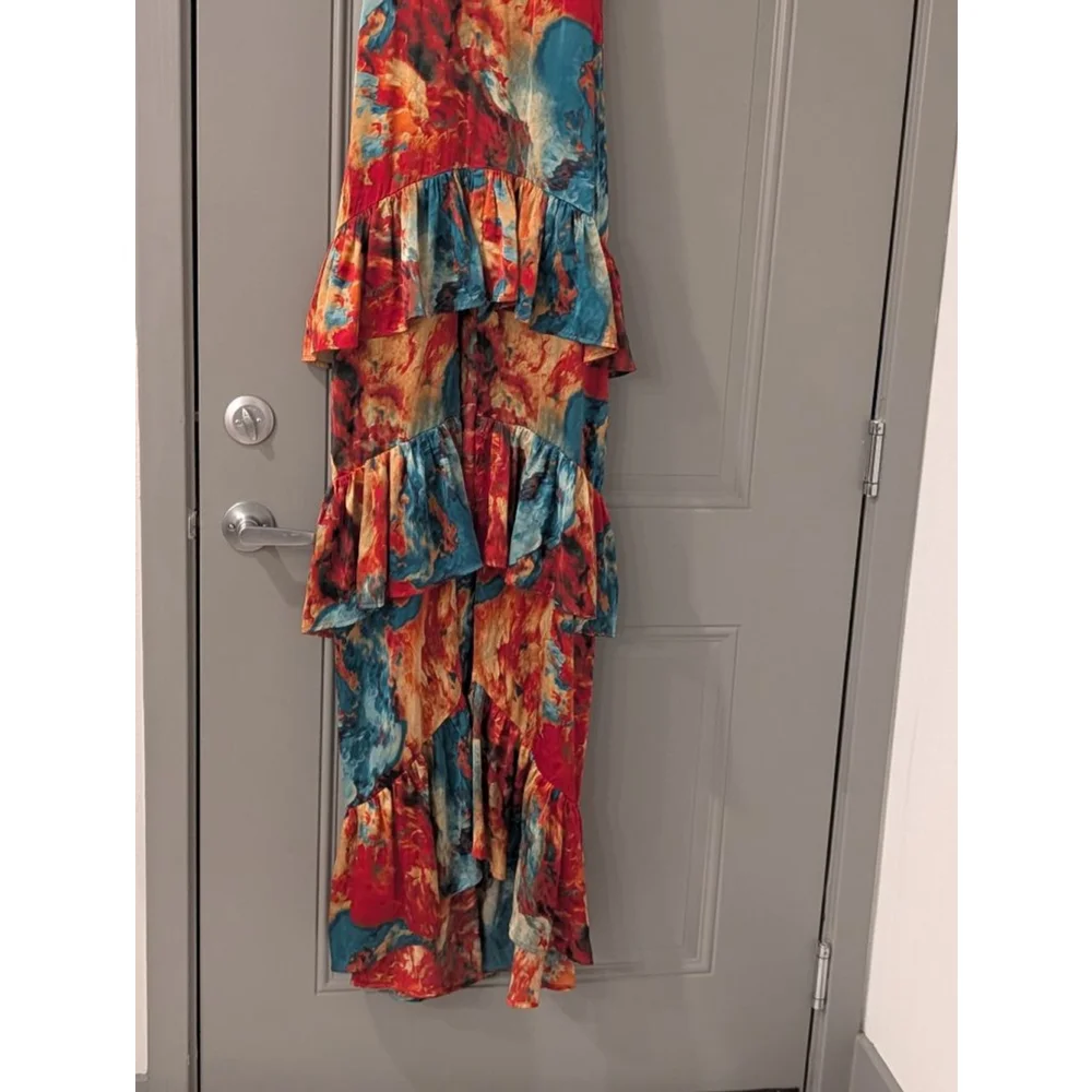 Women's NOVALUXE Small Red Blue Abstract Tiered Ruffle Maxi Dress - Picture 3 of 14